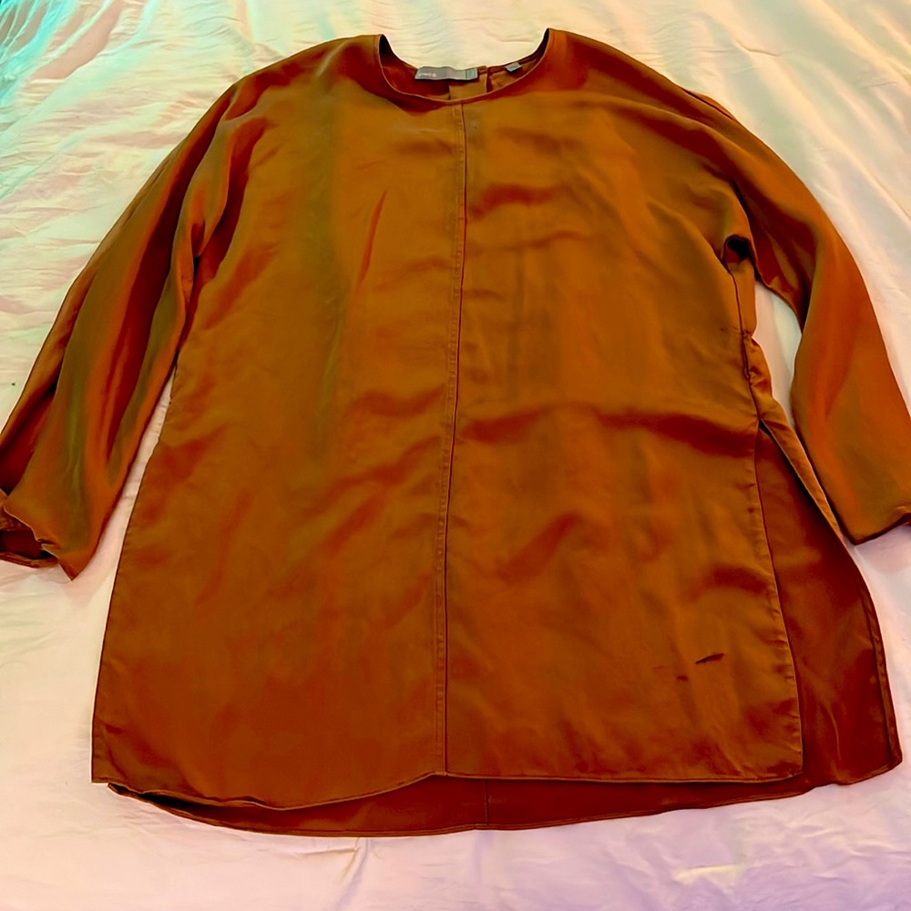Vince. Brand Bronze Metallic Blouse. 100% silk.
